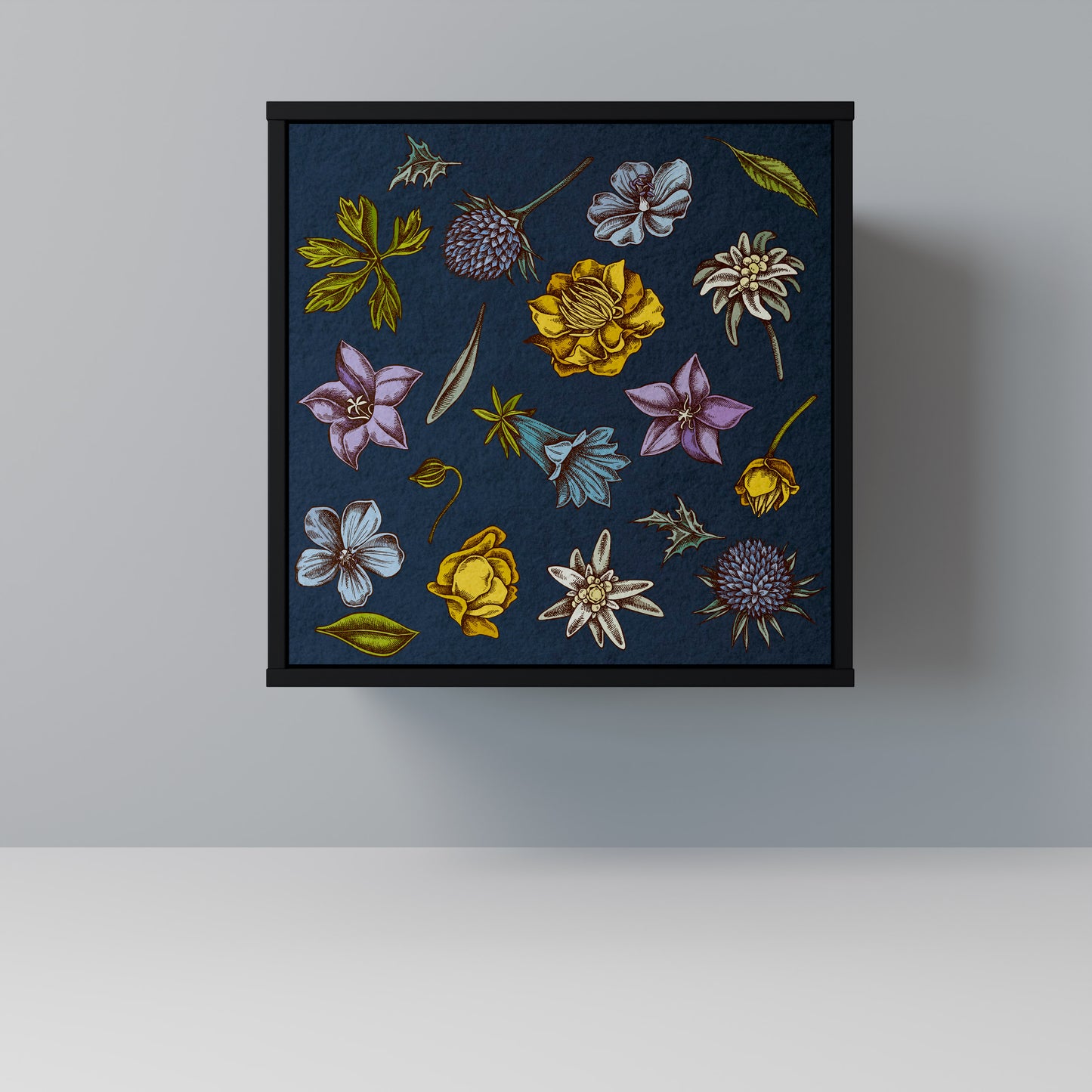 FLOWERS ON NAVY BLUE 1-Door Sideboard in Black Finish