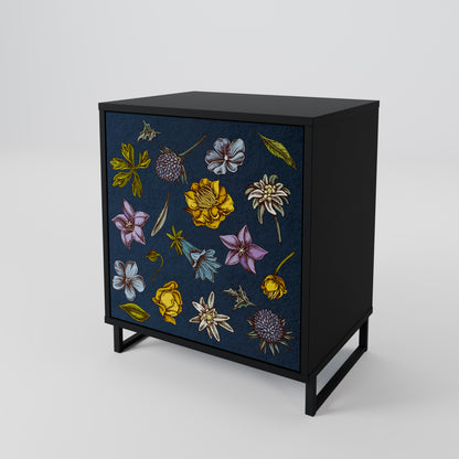 FLOWERS ON NAVY BLUE 1-Door Sideboard in Black Finish