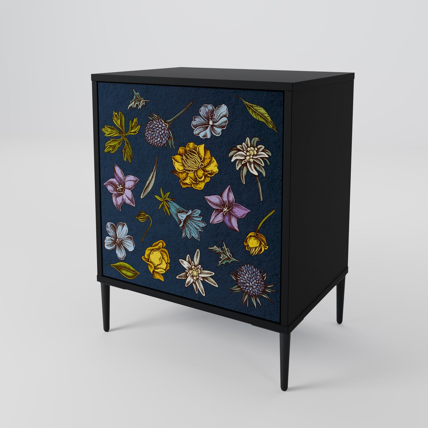 FLOWERS ON NAVY BLUE 1-Door Sideboard in Black Finish