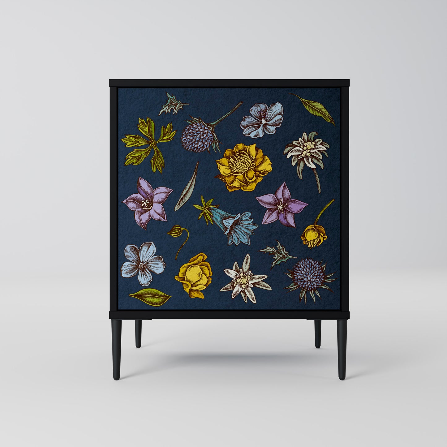 FLOWERS ON NAVY BLUE 1-Door Sideboard in Black Finish