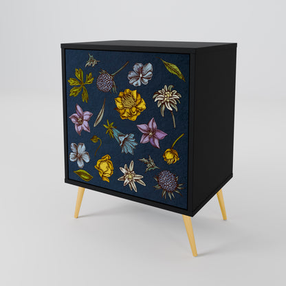 FLOWERS ON NAVY BLUE 1-Door Sideboard in Black Finish