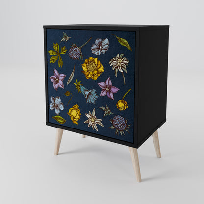 FLOWERS ON NAVY BLUE 1-Door Sideboard in Black Finish