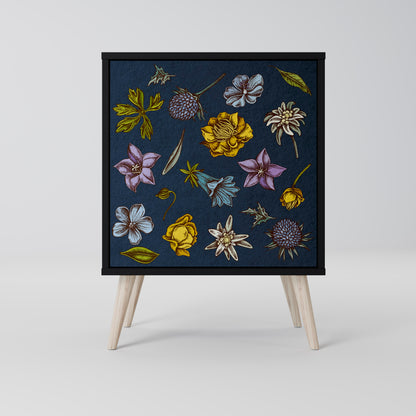 FLOWERS ON NAVY BLUE 1-Door Sideboard in Black Finish