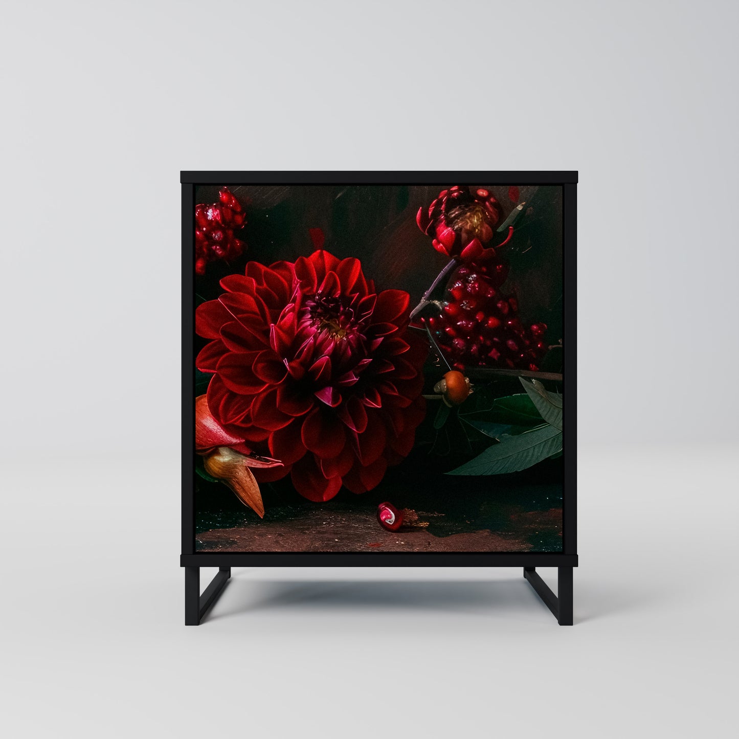 DAHLIAS AND POMEGRANATES 1-Door Sideboard in Black Finish
