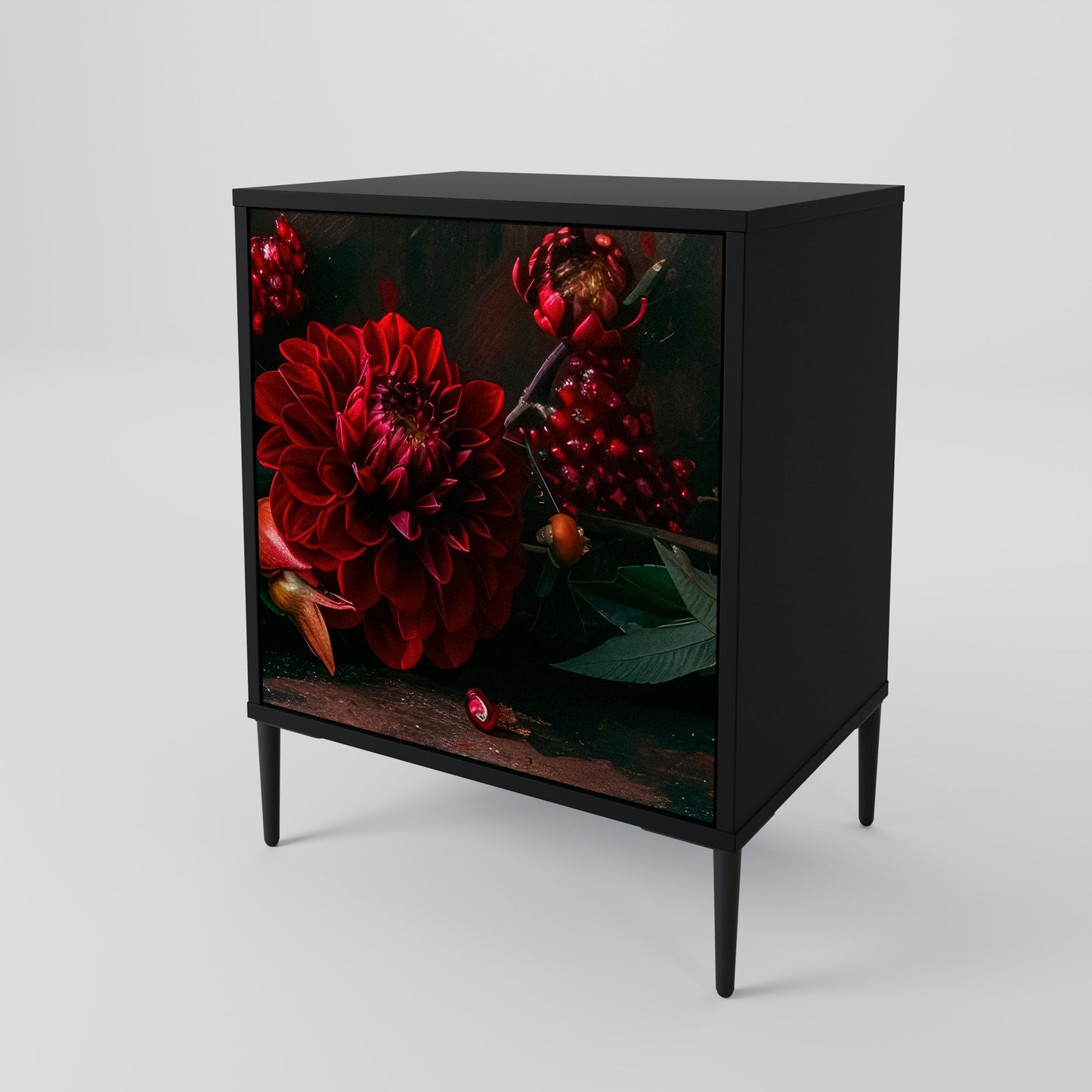 DAHLIAS AND POMEGRANATES 1-Door Sideboard in Black Finish