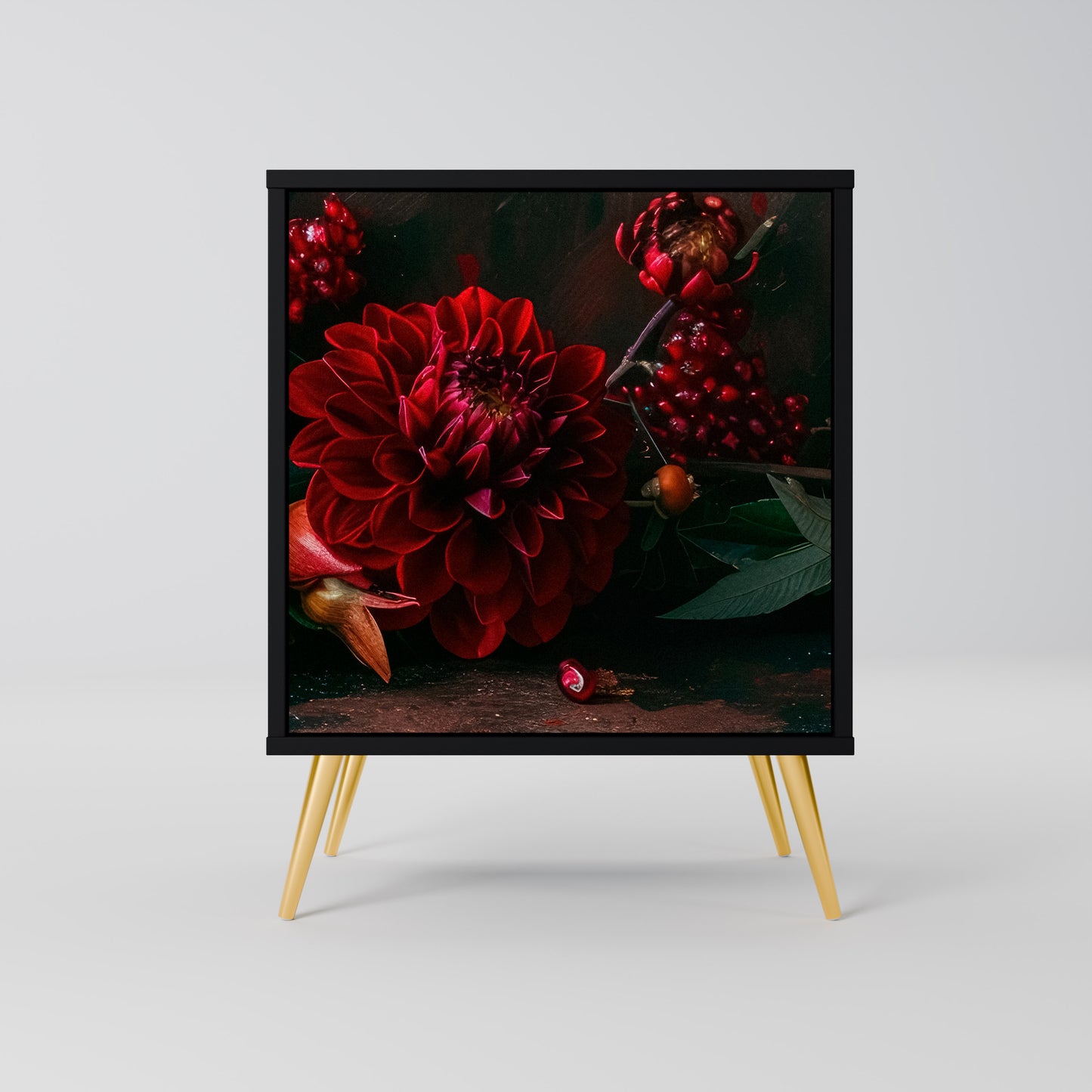 DAHLIAS AND POMEGRANATES 1-Door Sideboard in Black Finish