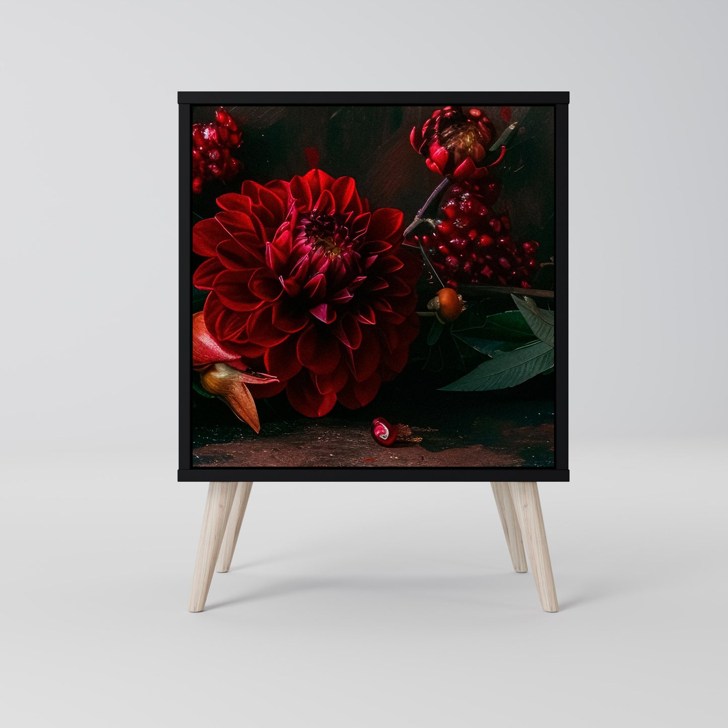 DAHLIAS AND POMEGRANATES 1-Door Sideboard in Black Finish