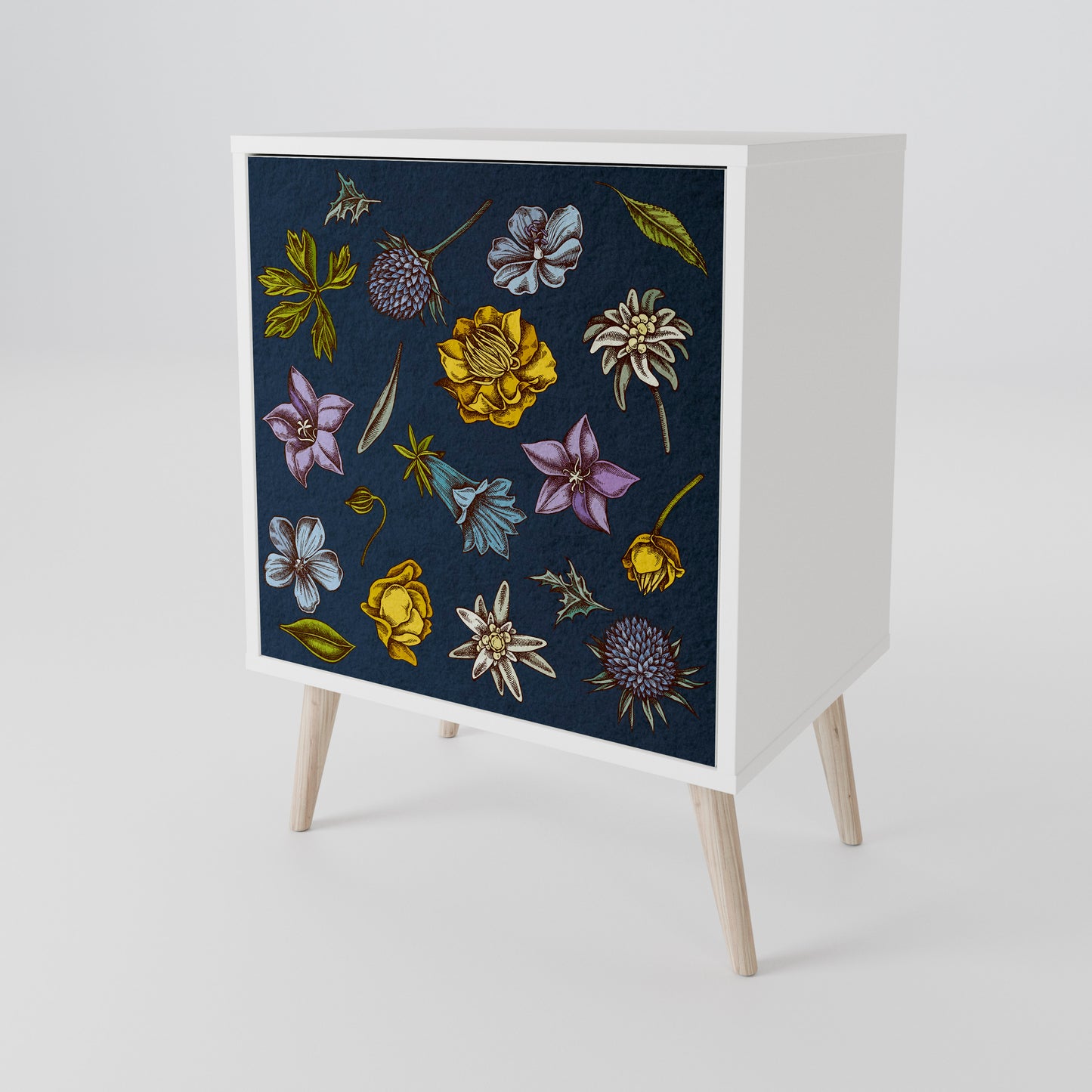 FLOWERS ON NAVY BLUE Madia a 1 Anta in Finitura Bianca