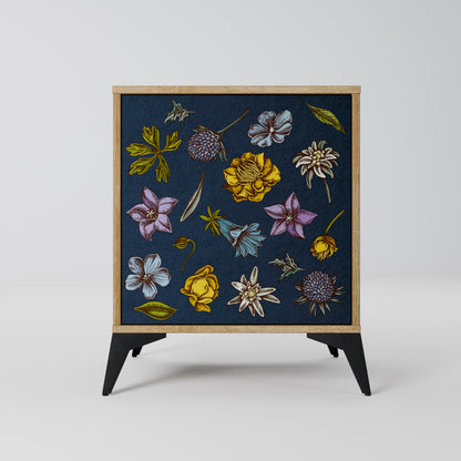 FLOWERS ON NAVY BLUE 1-Door Sideboard in Oak Effect