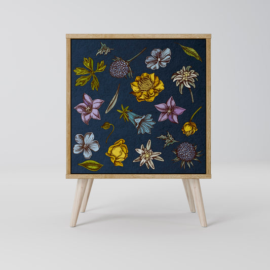 FLOWERS ON NAVY BLUE 1-Door Sideboard in Oak Effect