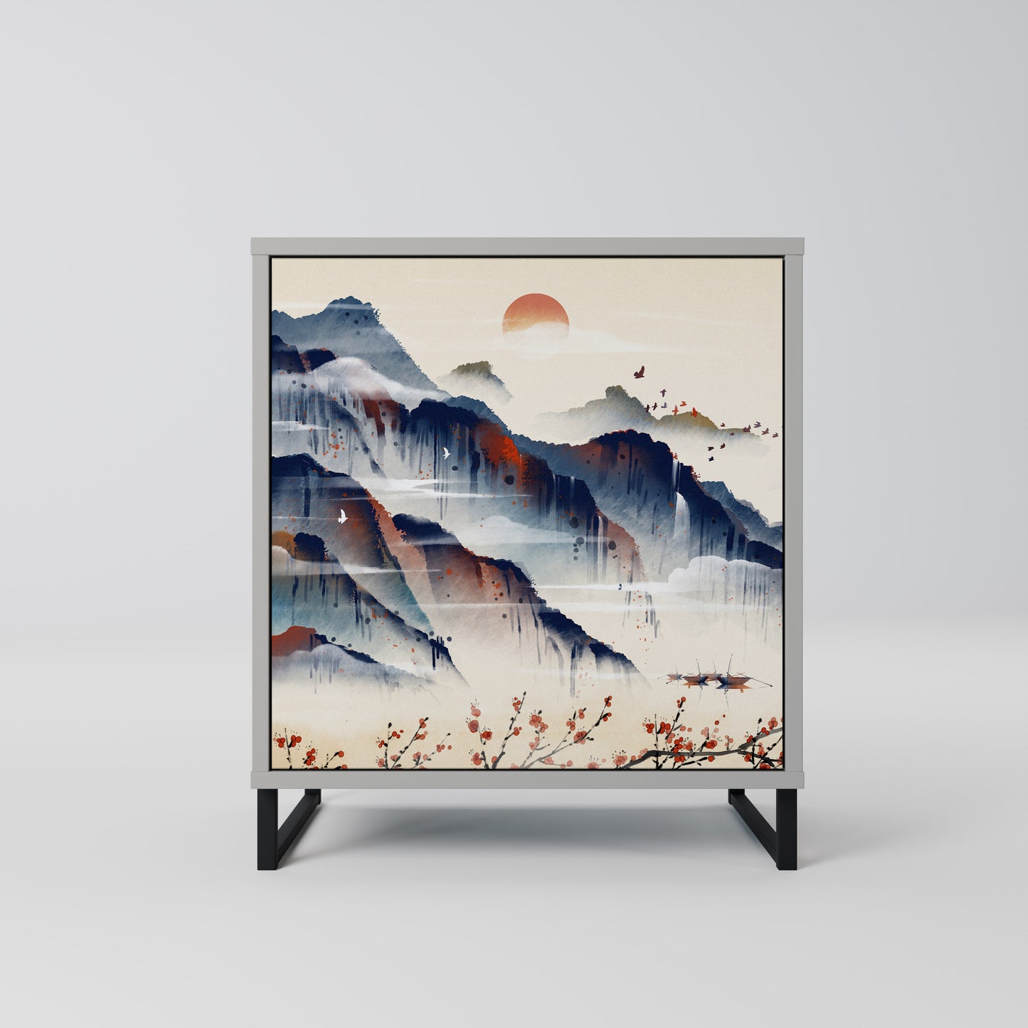Credenza JAPANESE LANDSCAPE a 1 anta con finitura grigia