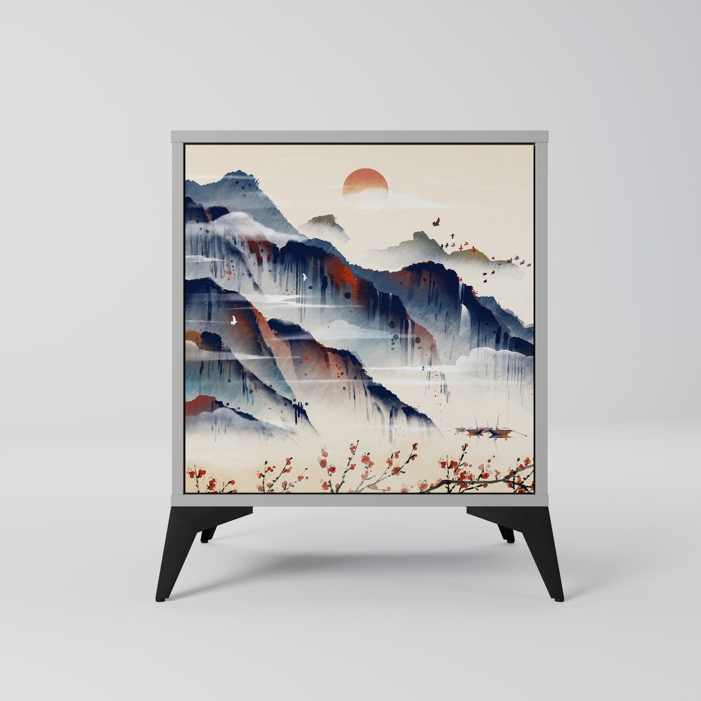 Credenza JAPANESE LANDSCAPE a 1 anta con finitura grigia