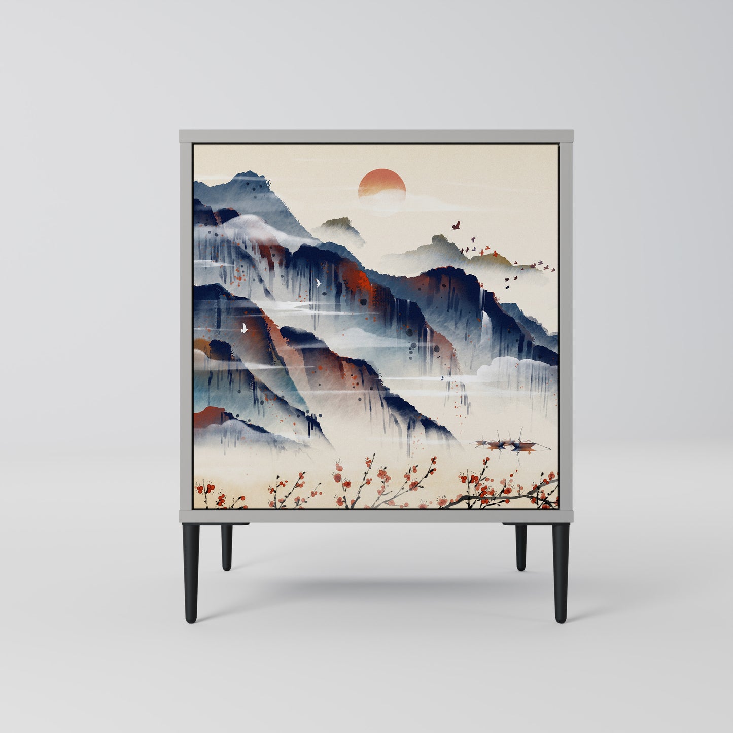 Credenza JAPANESE LANDSCAPE a 1 anta con finitura grigia