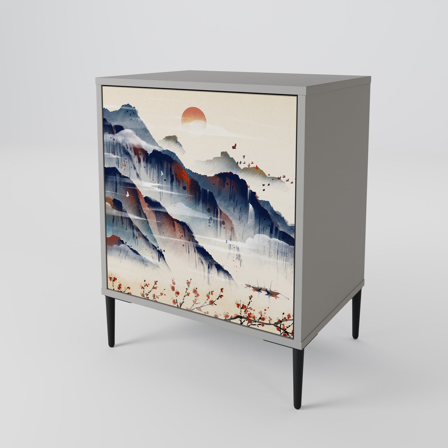 Credenza JAPANESE LANDSCAPE a 1 anta con finitura grigia