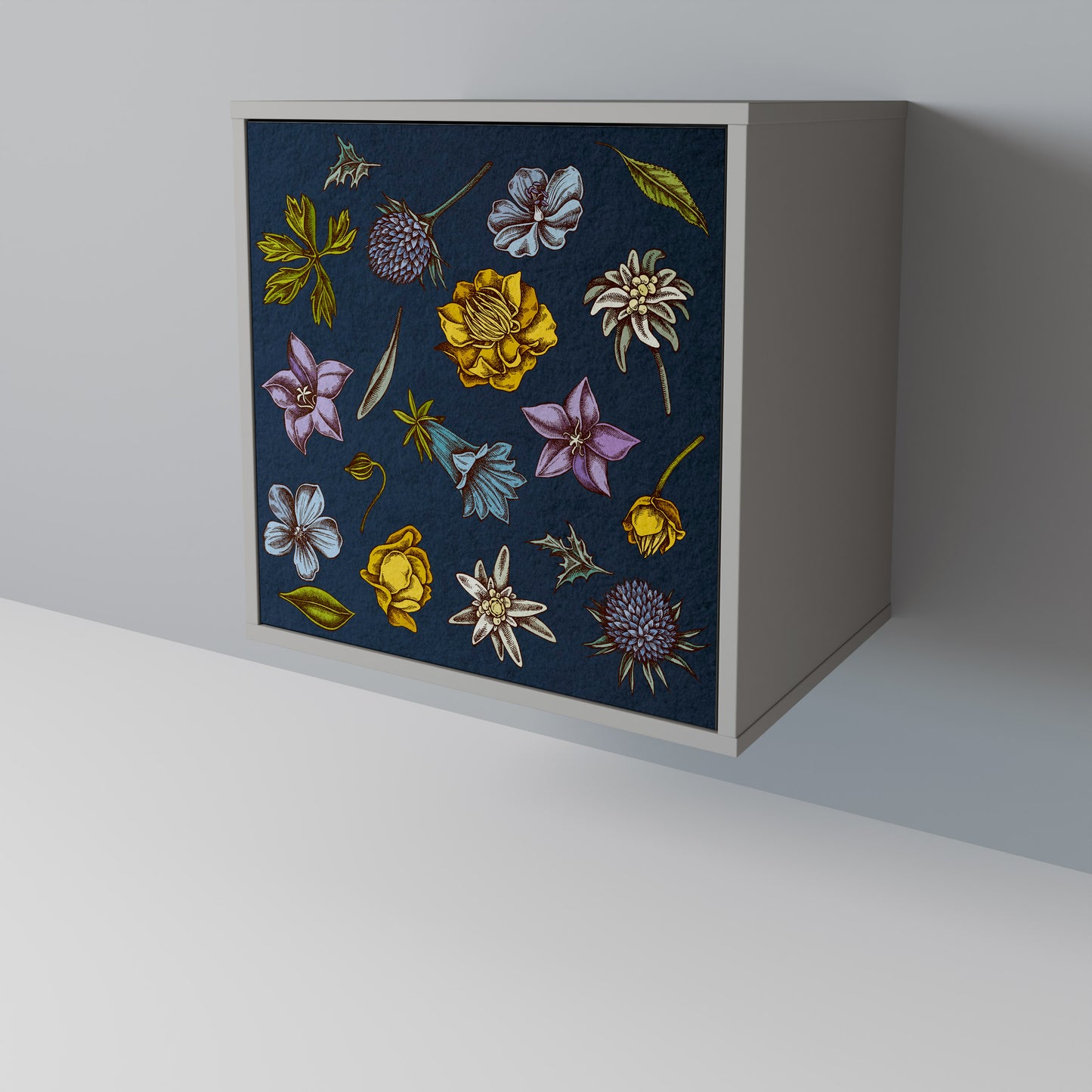 FLOWERS ON NAVY BLUE 1-Door Sideboard in Grey Finish