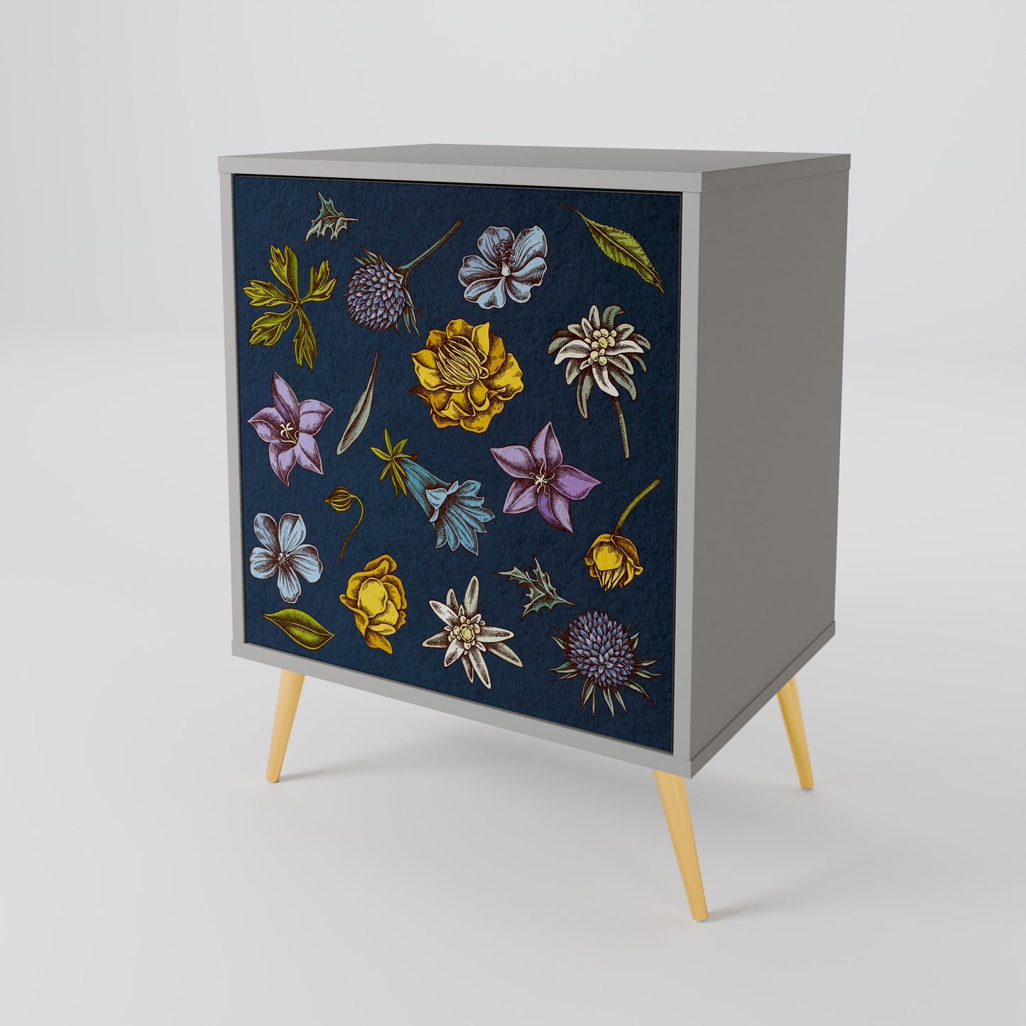 FLOWERS ON NAVY BLUE 1-Door Sideboard in Grey Finish