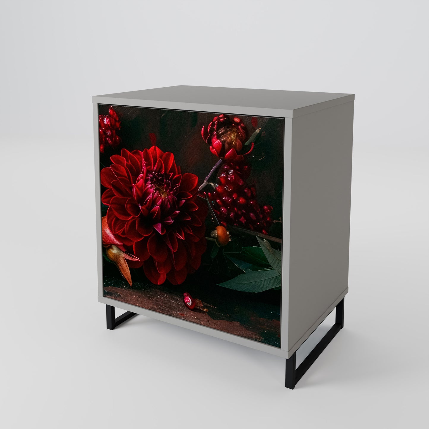 DAHLIAS AND POMEGRANATES 1-Door Sideboard in Grey Finish