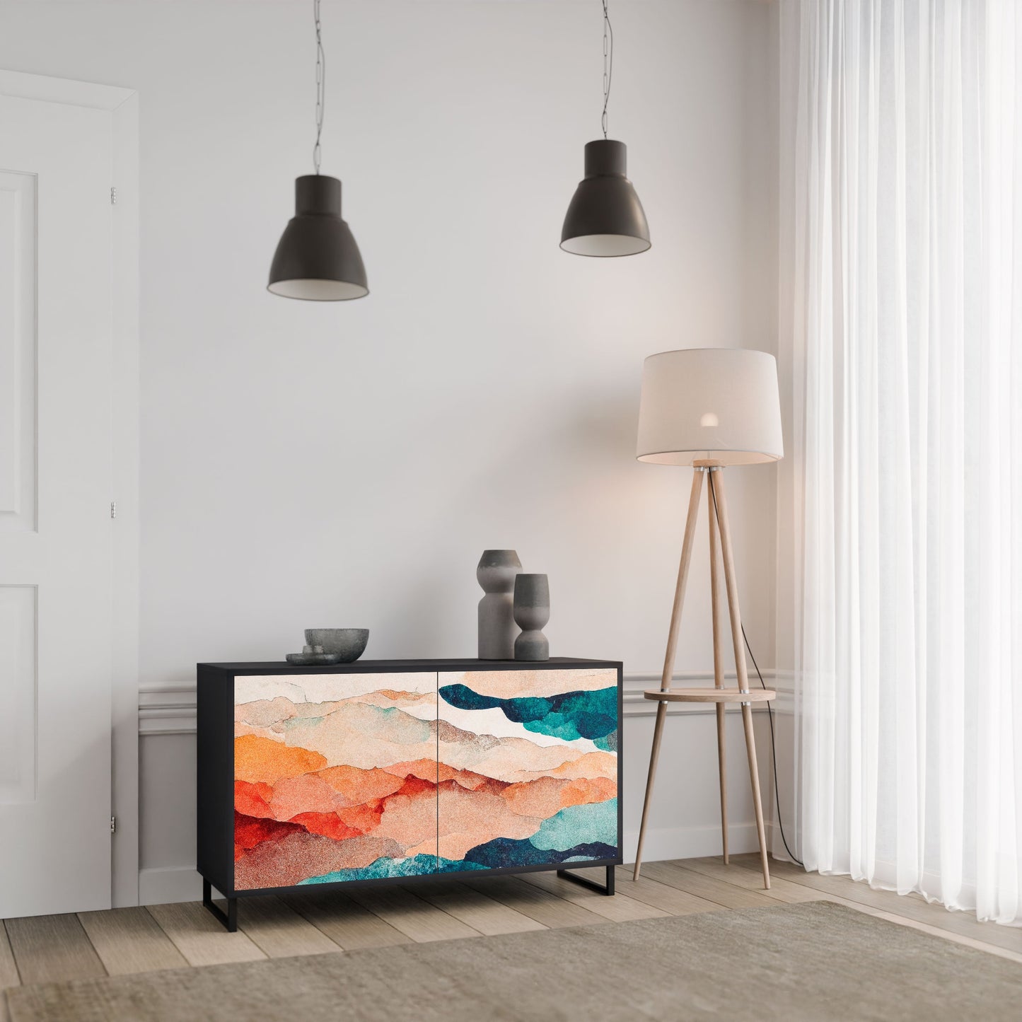 Credenza a 2 ante ABSTRACT LANDSCAPE in finitura nera