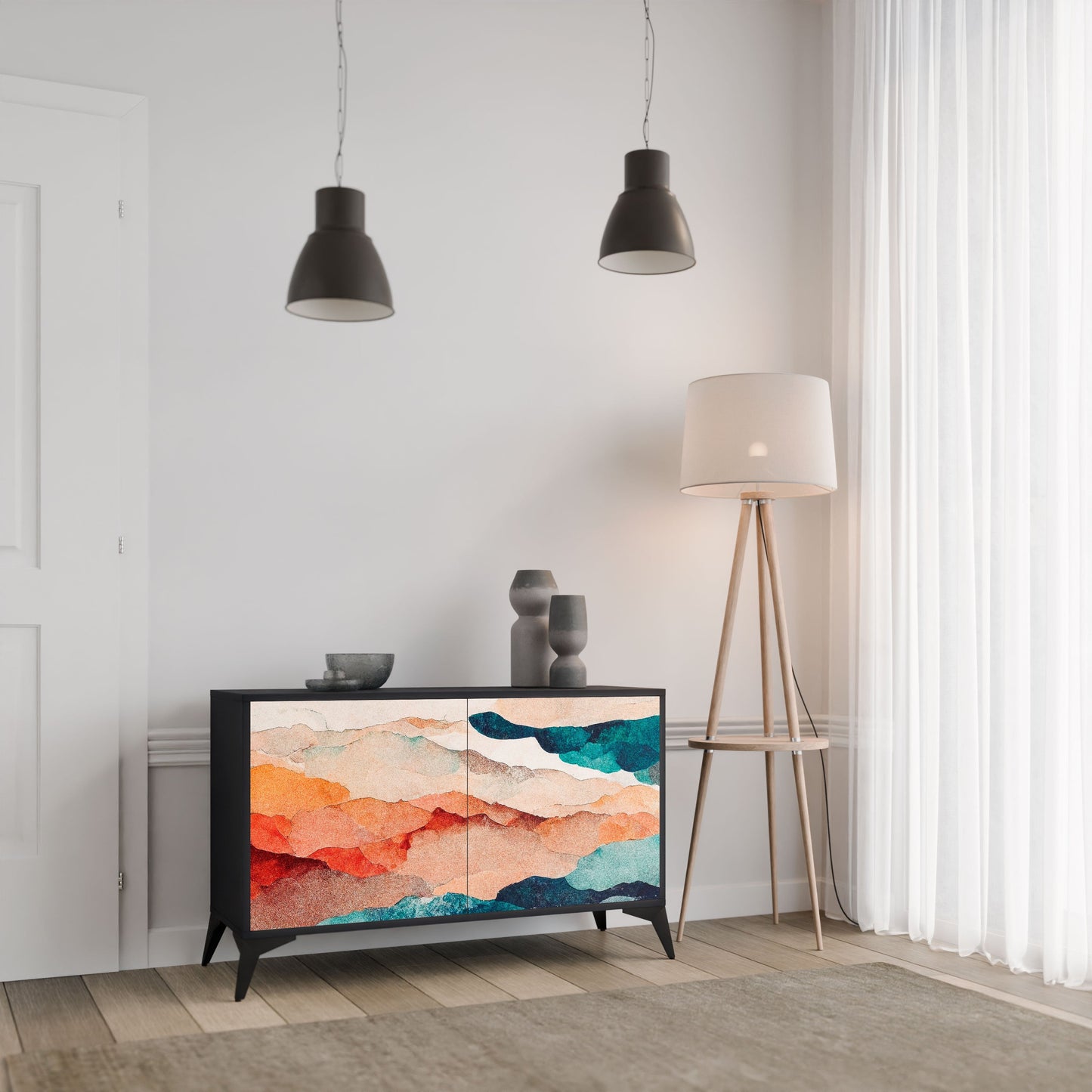 Credenza a 2 ante ABSTRACT LANDSCAPE in finitura nera