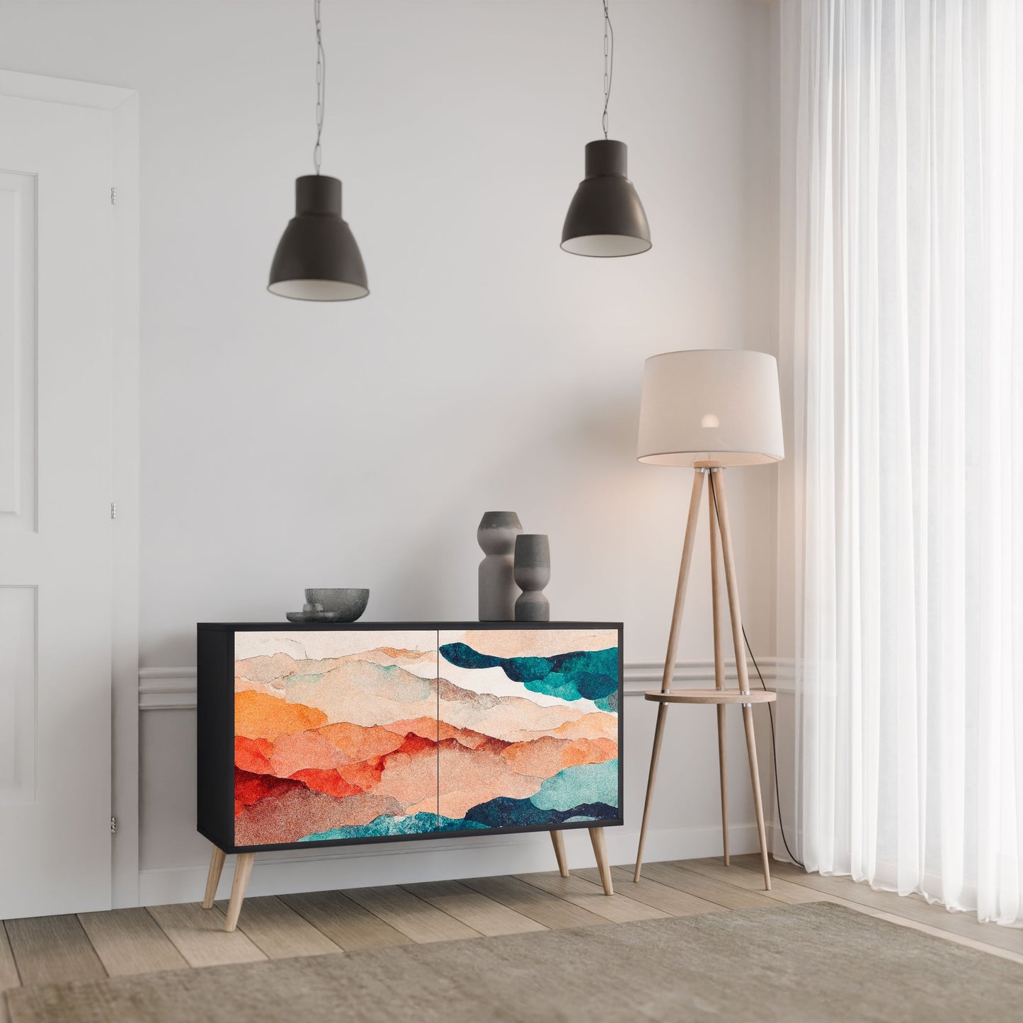 Credenza a 2 ante ABSTRACT LANDSCAPE in finitura nera