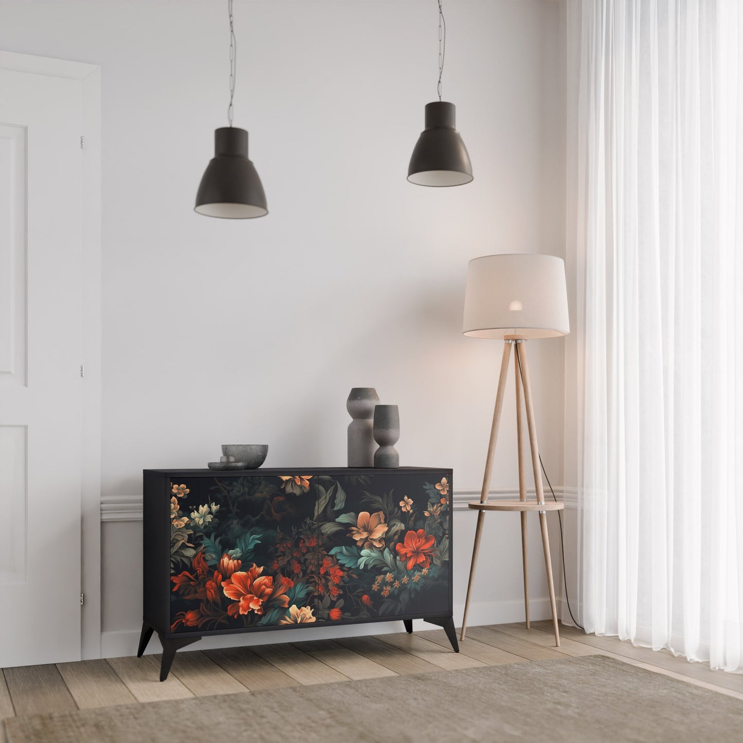 Credenza a 2 ante IMAGINARY BLOSSOM in finitura nera