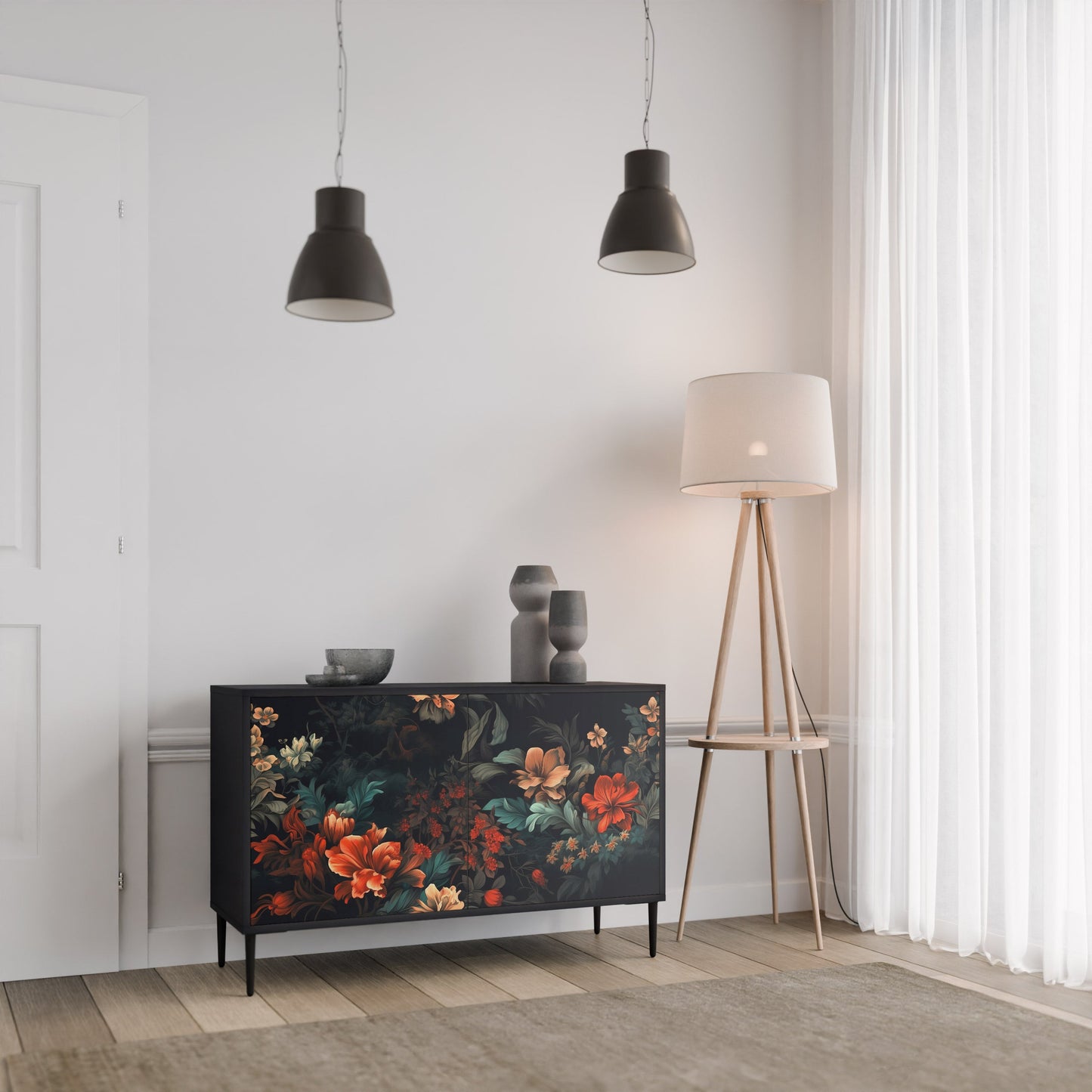 Credenza a 2 ante IMAGINARY BLOSSOM in finitura nera