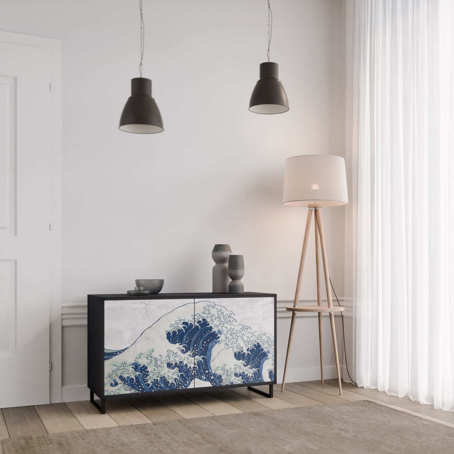 Credenza a 2 ante THE GREAT WAVE AT KANAGAWA in finitura nera
