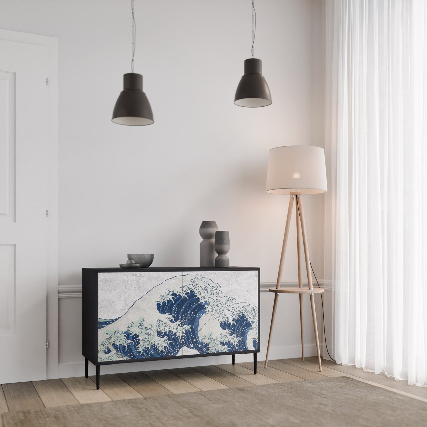Credenza a 2 ante THE GREAT WAVE AT KANAGAWA in finitura nera