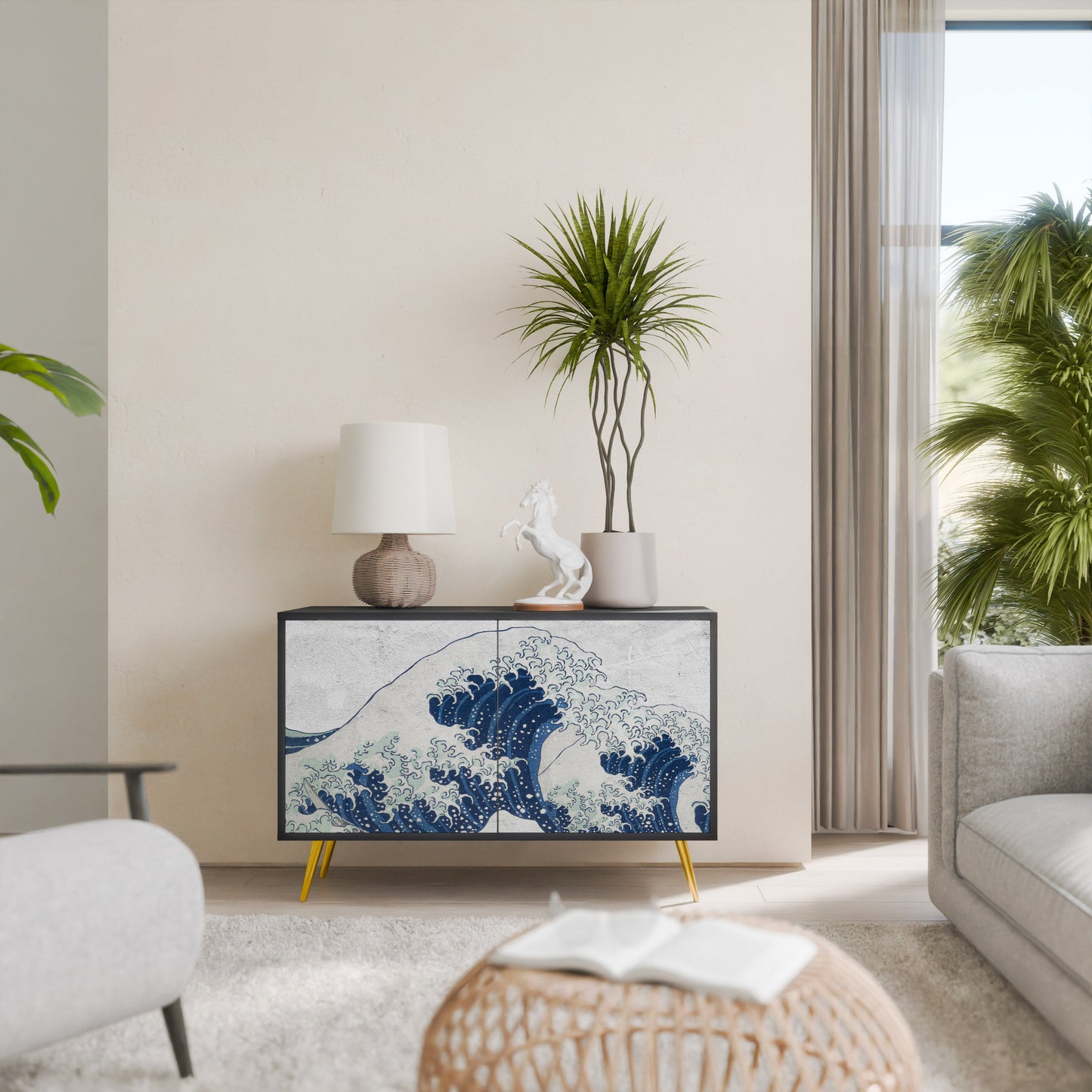 Credenza a 2 ante THE GREAT WAVE AT KANAGAWA in finitura nera