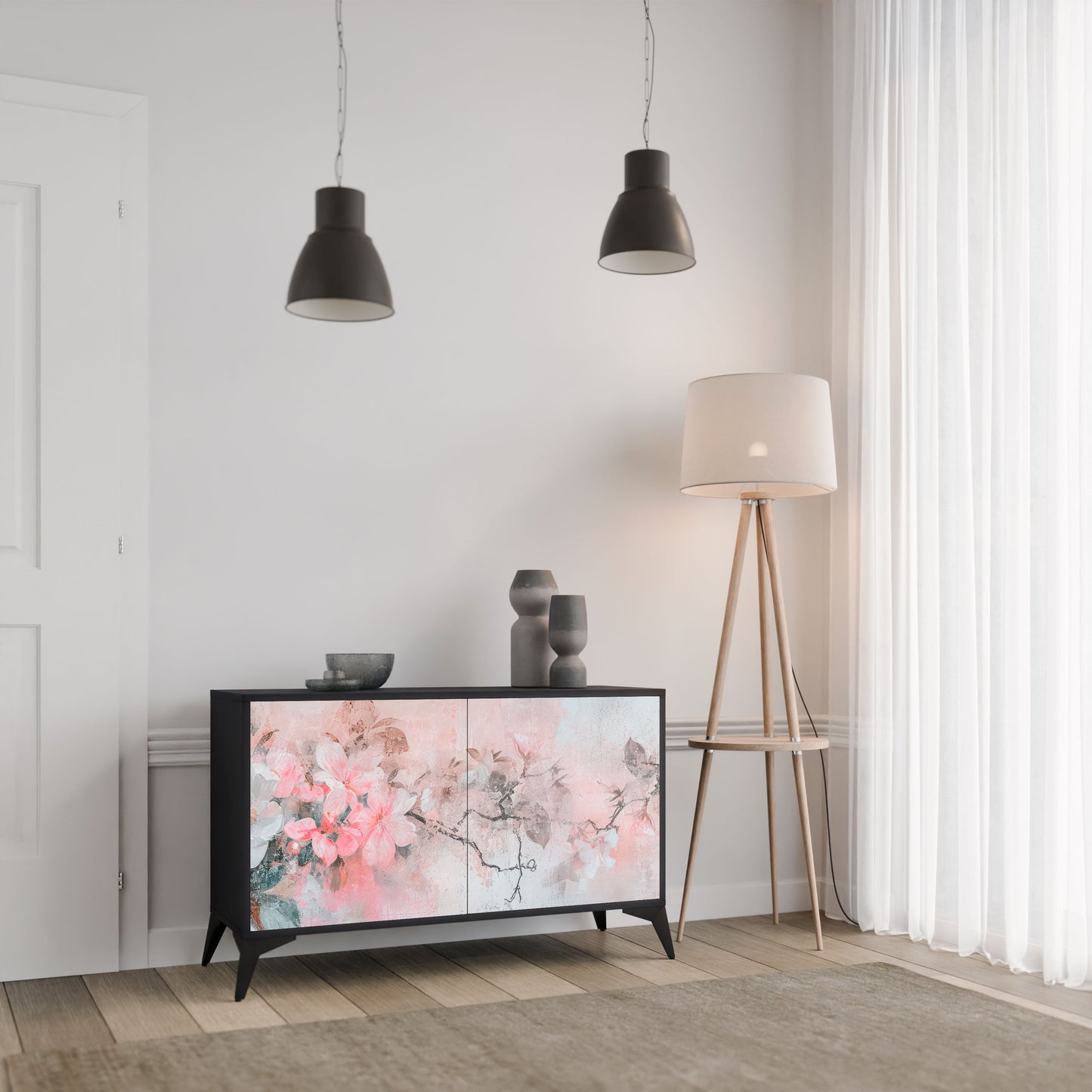 Credenza CHERRY BLOSSOM a 2 ante in finitura nera