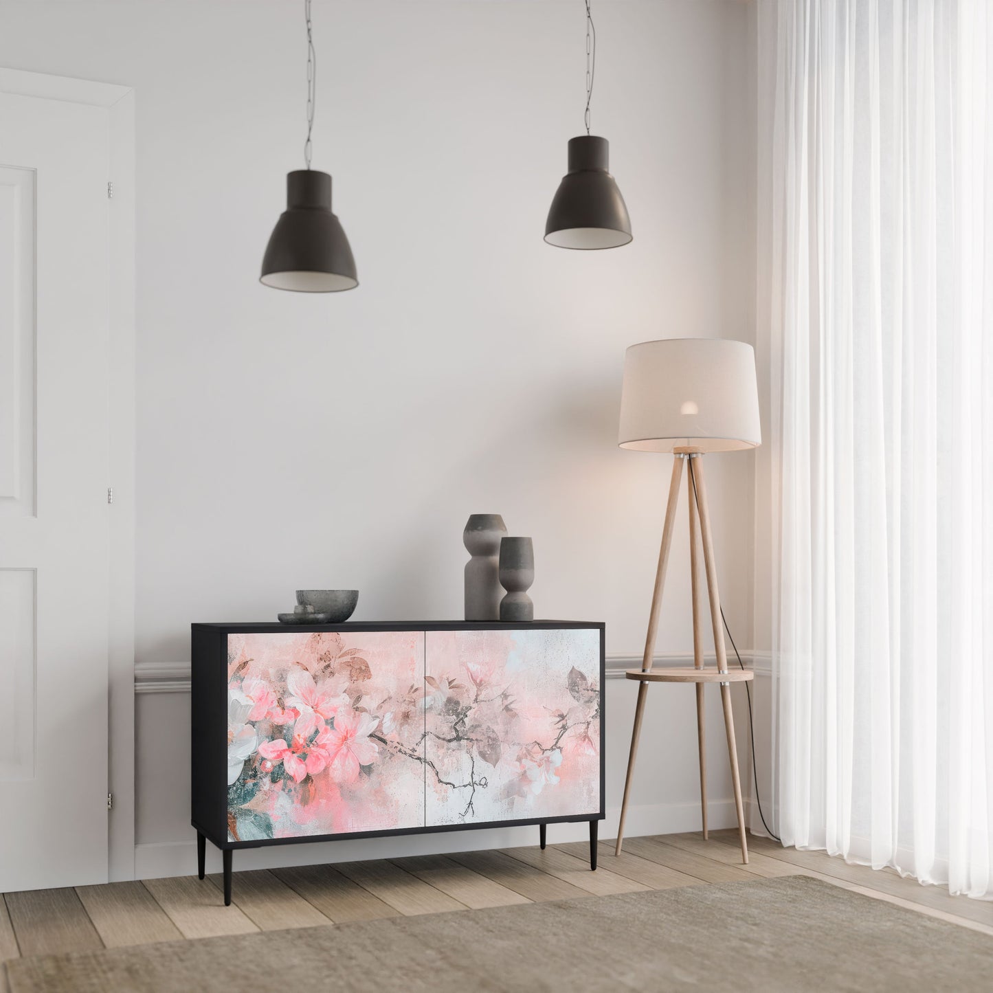 Credenza CHERRY BLOSSOM a 2 ante in finitura nera