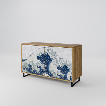 Credenza a 2 ante THE GREAT WAVE AT KANAGAWA in effetto rovere