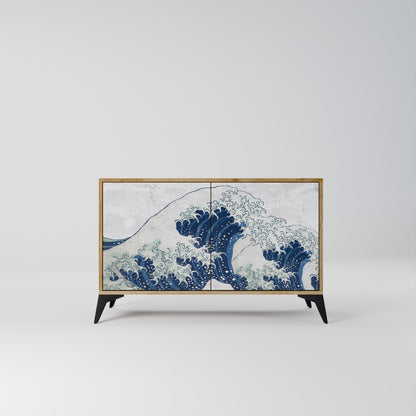 Credenza a 2 ante THE GREAT WAVE AT KANAGAWA in effetto rovere
