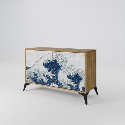 Credenza a 2 ante THE GREAT WAVE AT KANAGAWA in effetto rovere