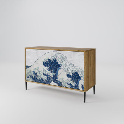 Credenza a 2 ante THE GREAT WAVE AT KANAGAWA in effetto rovere