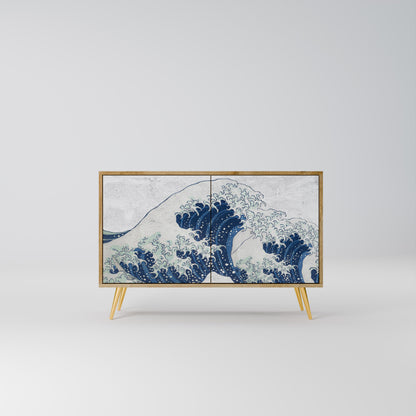 Credenza a 2 ante THE GREAT WAVE AT KANAGAWA in effetto rovere
