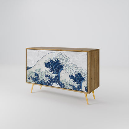 Credenza a 2 ante THE GREAT WAVE AT KANAGAWA in effetto rovere