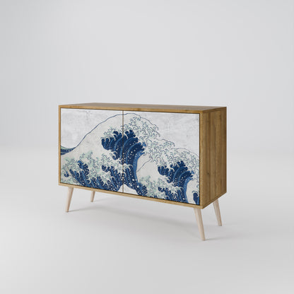 Credenza a 2 ante THE GREAT WAVE AT KANAGAWA in effetto rovere
