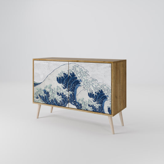 Credenza a 2 ante THE GREAT WAVE AT KANAGAWA in effetto rovere