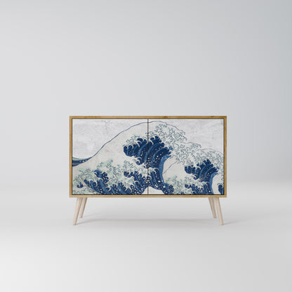 Credenza a 2 ante THE GREAT WAVE AT KANAGAWA in effetto rovere