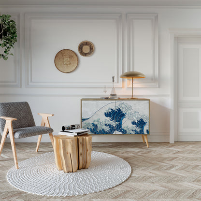 Credenza a 2 ante THE GREAT WAVE AT KANAGAWA in effetto rovere