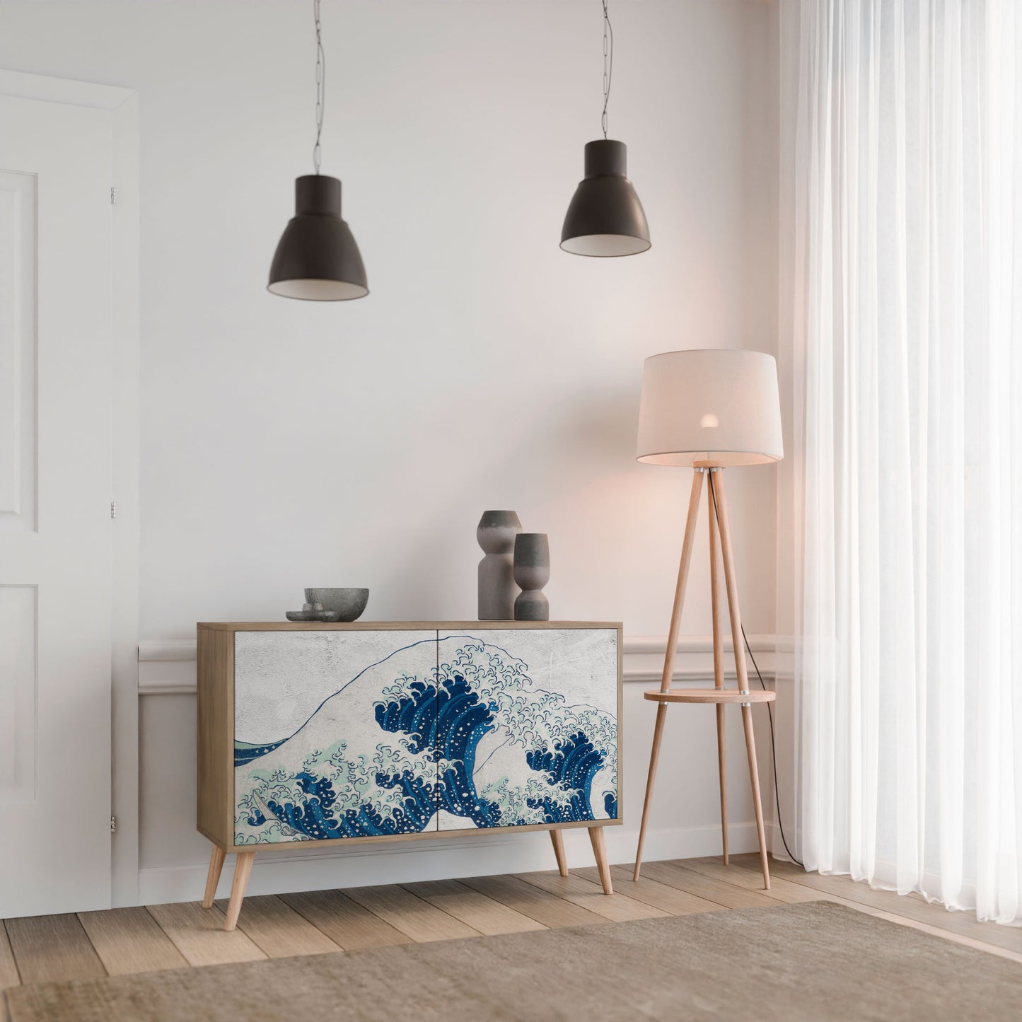 Credenza a 2 ante THE GREAT WAVE AT KANAGAWA in effetto rovere