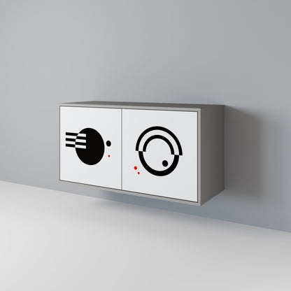 Credenza a 2 ante con combinazione bianca e nera, finitura grigia
