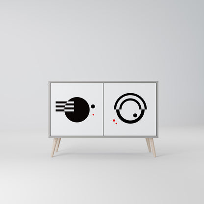 Credenza a 2 ante con combinazione bianca e nera, finitura grigia