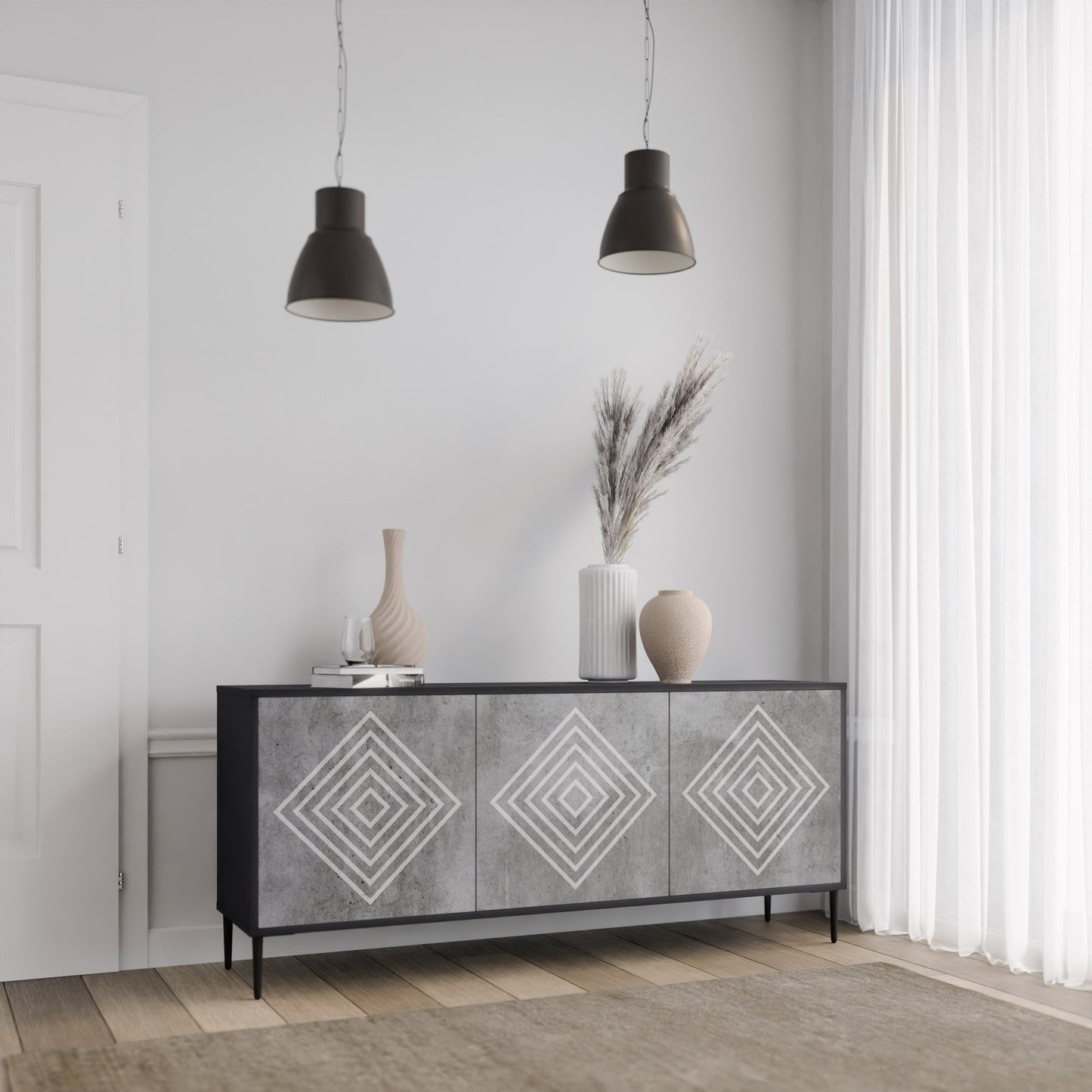 Credenza a 3 ante POLYGONAL ARTISTRY in finitura nera
