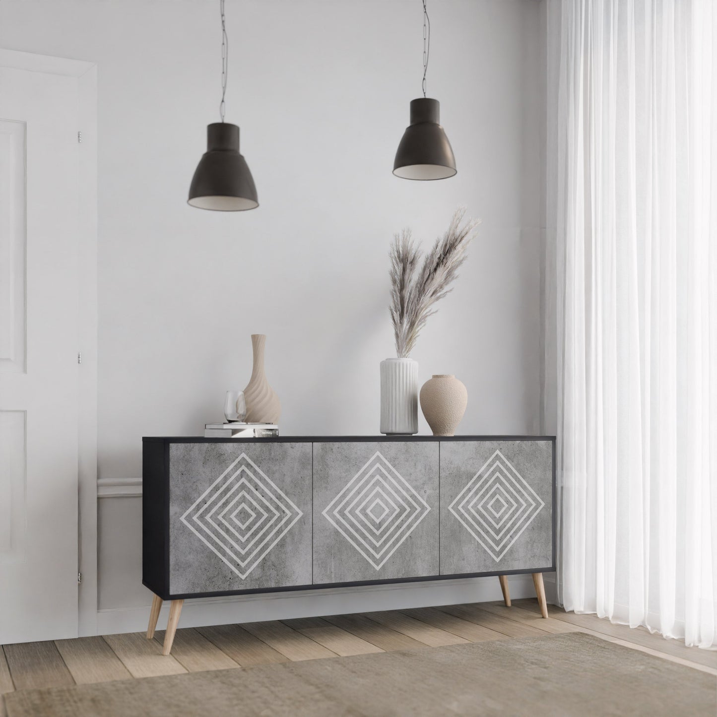 Credenza a 3 ante POLYGONAL ARTISTRY in finitura nera