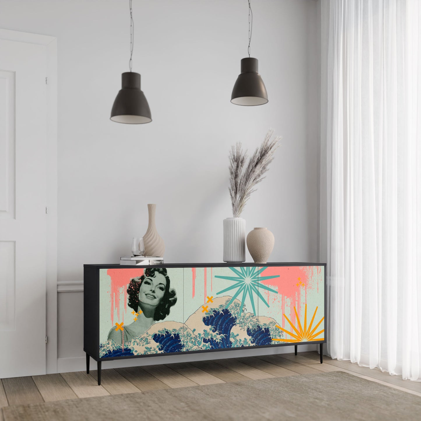 KANAGAWA BEAUTY 3-Door Sideboard in Black Finish