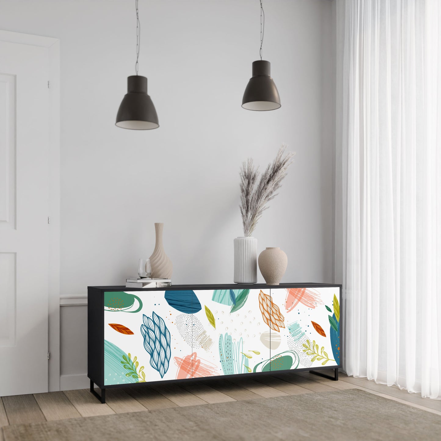 BOTANICAL HURRICANE 3-Door Sideboard in Black Finish
