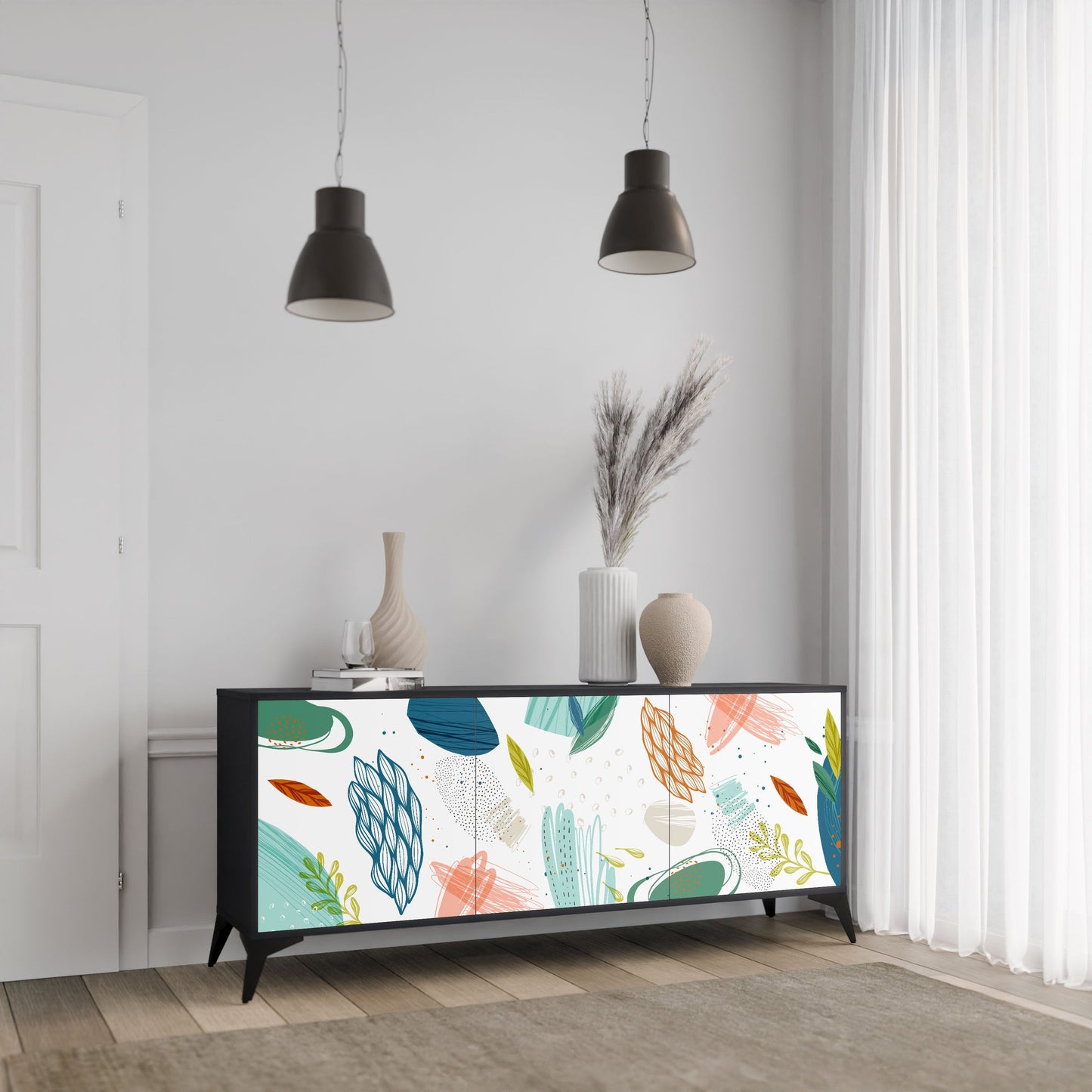 BOTANICAL HURRICANE 3-Door Sideboard in Black Finish