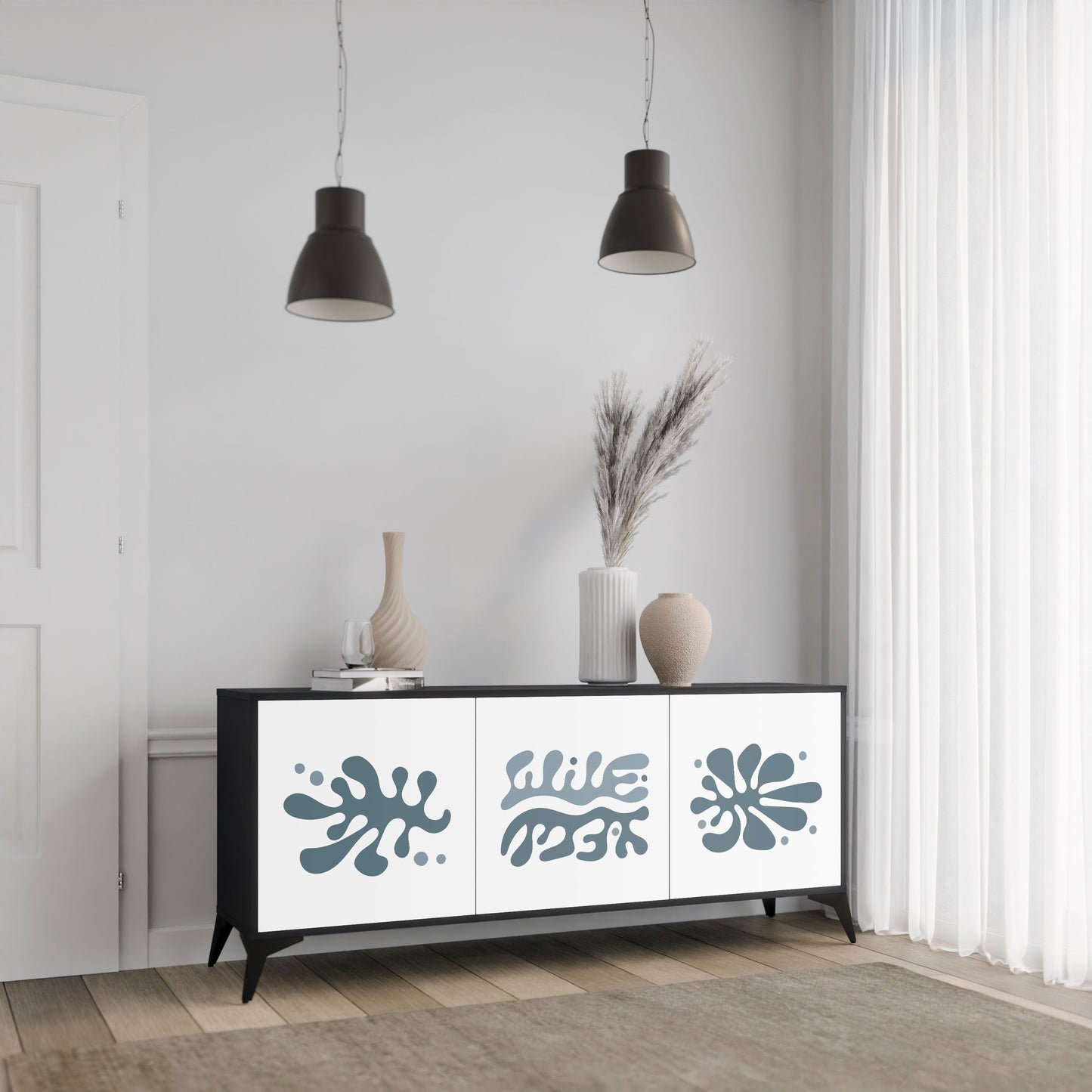 Credenza WONDERLAND VEGETATION a 3 ante in finitura nera